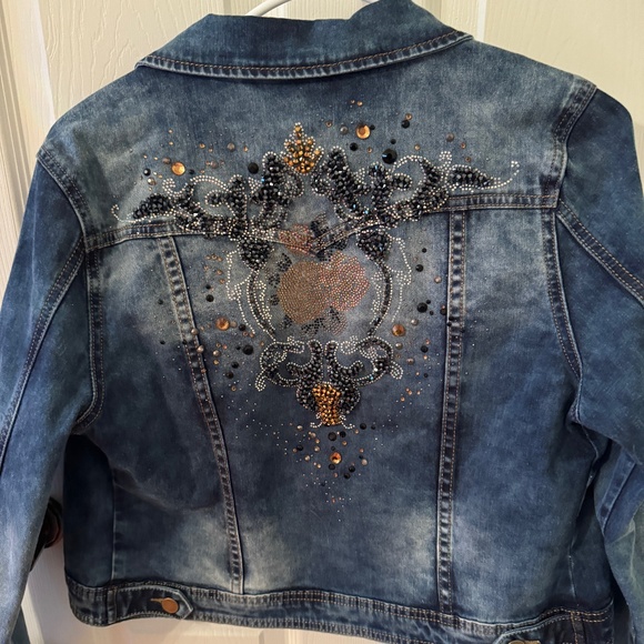 Venus Medium Wash Denim Jacket w Navy/Copper/Silver Rhinestone Designs - Picture 2 of 5